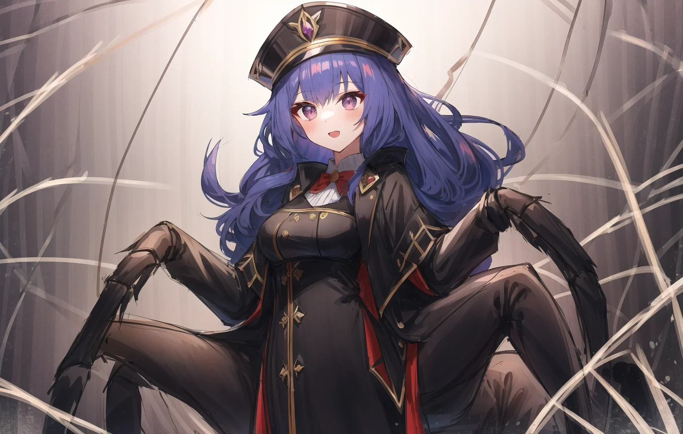 1girl, arachne, arthropod girl, arthropod limbs, black gloves, black headwear, black skirt, breasts, carapace, elbow gloves, extra legs, gloves, hat, high-waist skirt, large breasts, long hair, monster girl, multiple legs, partially fingerless gloves, purple eyes, purple hair, skirt, solo, spider girl, taur, lansane, original, tarantula leg, <lora:spider_girl_v1:1.5>, (spider web:1.4)