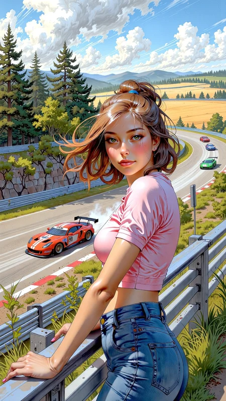 High-resolution anime-style illustration with bold painterly textures, blending soft washes with crisp, dynamic details. A cute young woman with shoulder-length chestnut-brown hair tied into a high ponytail stands near the guardrail of a scenic racetrack, the wind tousling her loose strands as high-speed race cars blur past in streaks of motion. She wears a stylish yet casual outfit in soft pink and blue tonesâa fitted crop top and high-waisted skinny jeans that hug her figure, blending comfort with modern flair. Her bright eyes sparkle with excitement as she leans slightly forward, hands resting on the railing, her posture relaxed yet engaged. The track curves between lush green forests and rolling golden fields, distant hills stretching under a clear blue sky. Sunlight filters through the trees, casting a warm glow over the scene, while the distant roar of engines and the scent of burning rubber fill the air, capturing the thrill of motorsport in a fresh, contemporary style <lora:car1ar1_cap_d6a3:0.8> <lora:FluxMythV2:1.2> <lora:Dorota_Pietrowiak:0.6>