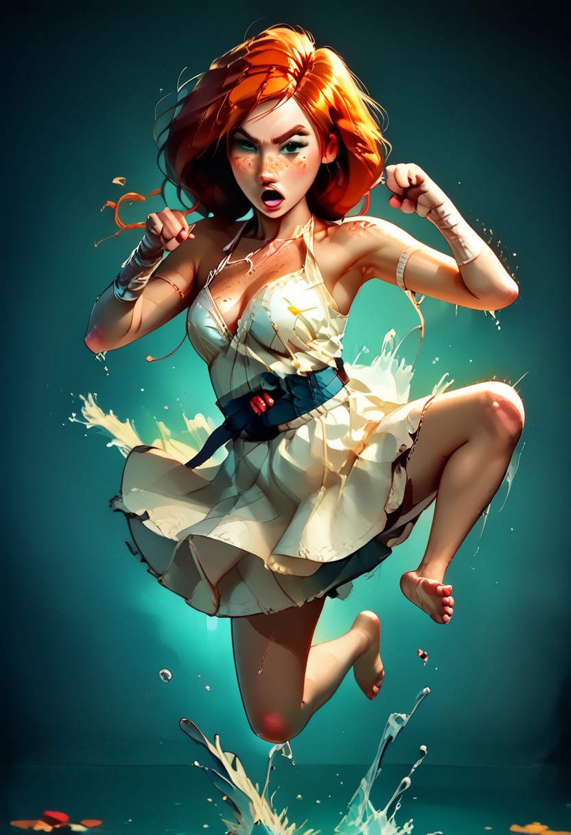 score_9, score_8_up, score_7_up, score_6_up, score_5_up, score_4_up, 
BREAK
picture-perfect, best quality, detailed shading, depth_of_field, cinematic lighting, (cowboy view), 
BREAK
1girl, kim_pos_V2, kim_pos_V2_face, kim_pos_V2_body, long red hair, 18 years old, (stunning green eyes), (skin detail, freckles, moles on skin:1.4), 
BREAK
1boy, ninja, ninja outfit, shadowed, fighting stance, sword, dodge girl
BREAK
1girl, kim_pos_V2, kim_pos_V2_face, kim_pos_V2_body, (leaping flying karate kick ninja, (((feet off ground)))), ((teep fighting stance,martial arts, incoming attack, ((mid air, dynamic, motion blur, blood splashes)))), jusiki, doing a high jump sidekick, doing a jump sidekick, (((jumping at viewer))), perfect makeup, ((random hairstyle, cotton sundress with floral print)), 
BREAK
(:1.2), 
BREAK
(:1.2)
BREAK
full view shot, (stable, haybales, golden sunlight, detailed multi-layered background),