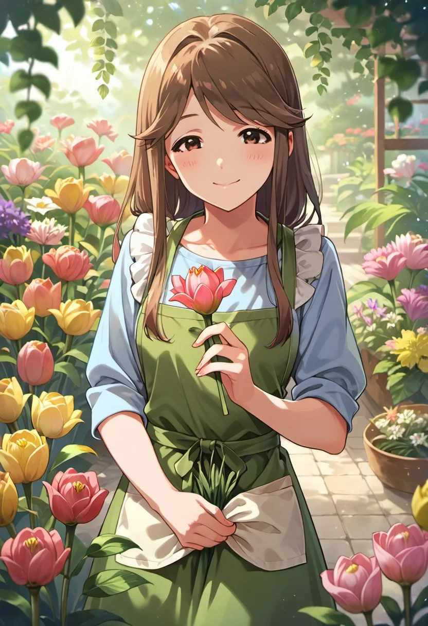 score_9, score_8_up, score_7_up, source_anime,tenkubashi tomoka, brown hair, brown eyes, 1girl, flower, solo, smile, long hair, skirt, looking at viewer, tulip, holding, apron, blush