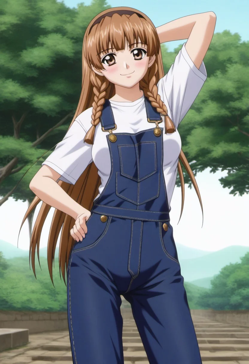 1girl,solo,masterpiece,best quality,good quality,newest,
outdoors,
blush, closed mouth, smile, looking at viewer,
solo,medium breasts,
2000s (style),anime screencap,
karyuin_tomoe (kaen seibo: the virgin on megiddo),1girl,brown hair,hairband,braids sidelocks,long hair,brown eyes,very long hair,
long hair,brown eyes,
1girl,brown hair,hairband,braids sidelocks,long hair,brown eyes, standing, overalls,white shirt,arm up,hair intakes,hand on own hip,thigh gap,standing