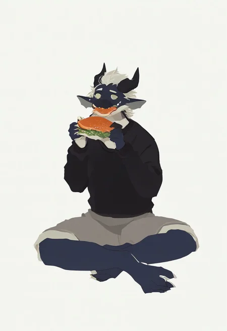 score_9_up, score_8_up, score_7_up, source_furry, yay, dragon boy, white eyebrows, yellow eyes, 1boy, solo, sitting, black sweater, gray shorts, eat big fish, simple background, white background, dnd