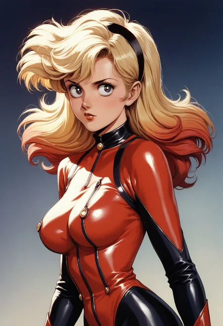 score_9, score_8_up, score_7_up, (source_anime), masterpiece, high quality, r3tr0b1u3, retro, 1girl, solo focus, (blonde hair, red hair, gradient hair), (bright eyes), hairband, gradient hair, catsuit, solo, (tanned skin), large breasts, posing