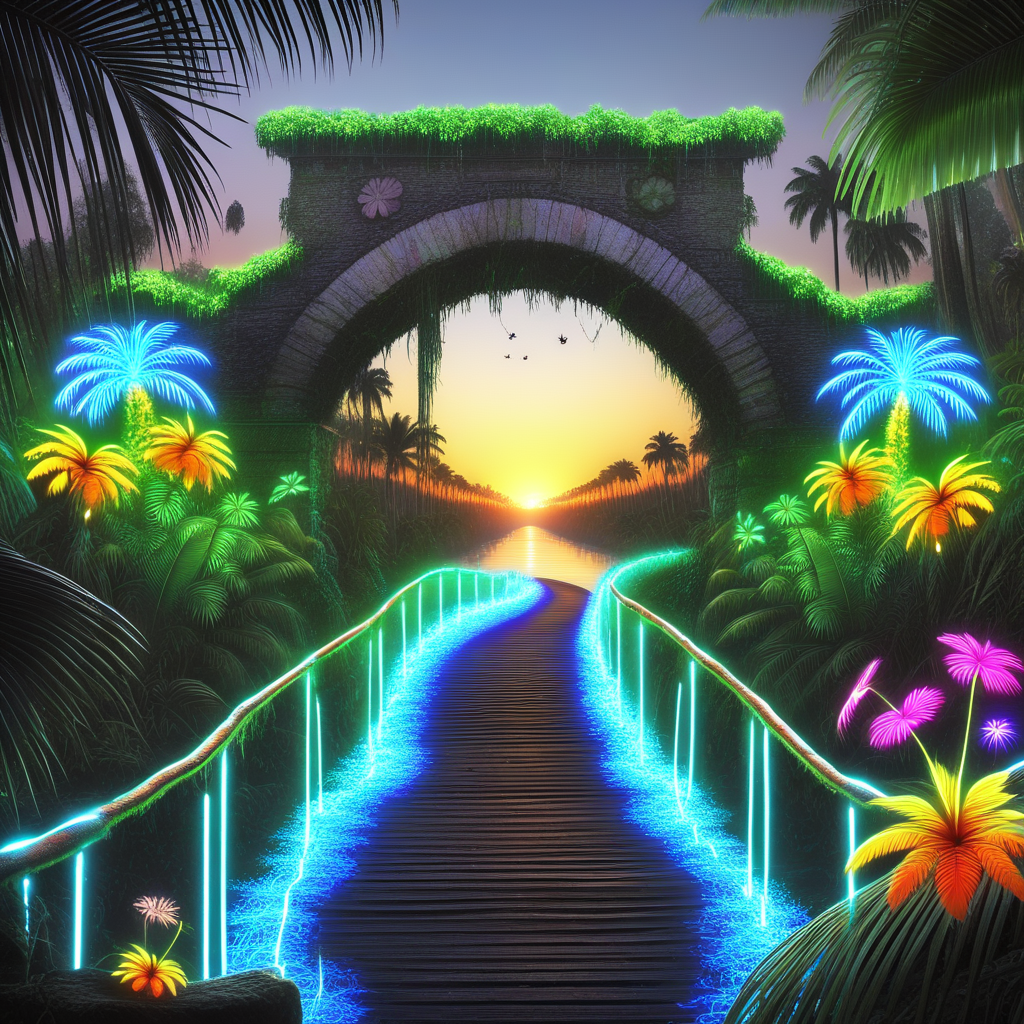 bush, ruins, signature, colorful, bridge, palm tree, glowing, animal focus, forest, river, outdoors, sunset, stairs, bug, flower