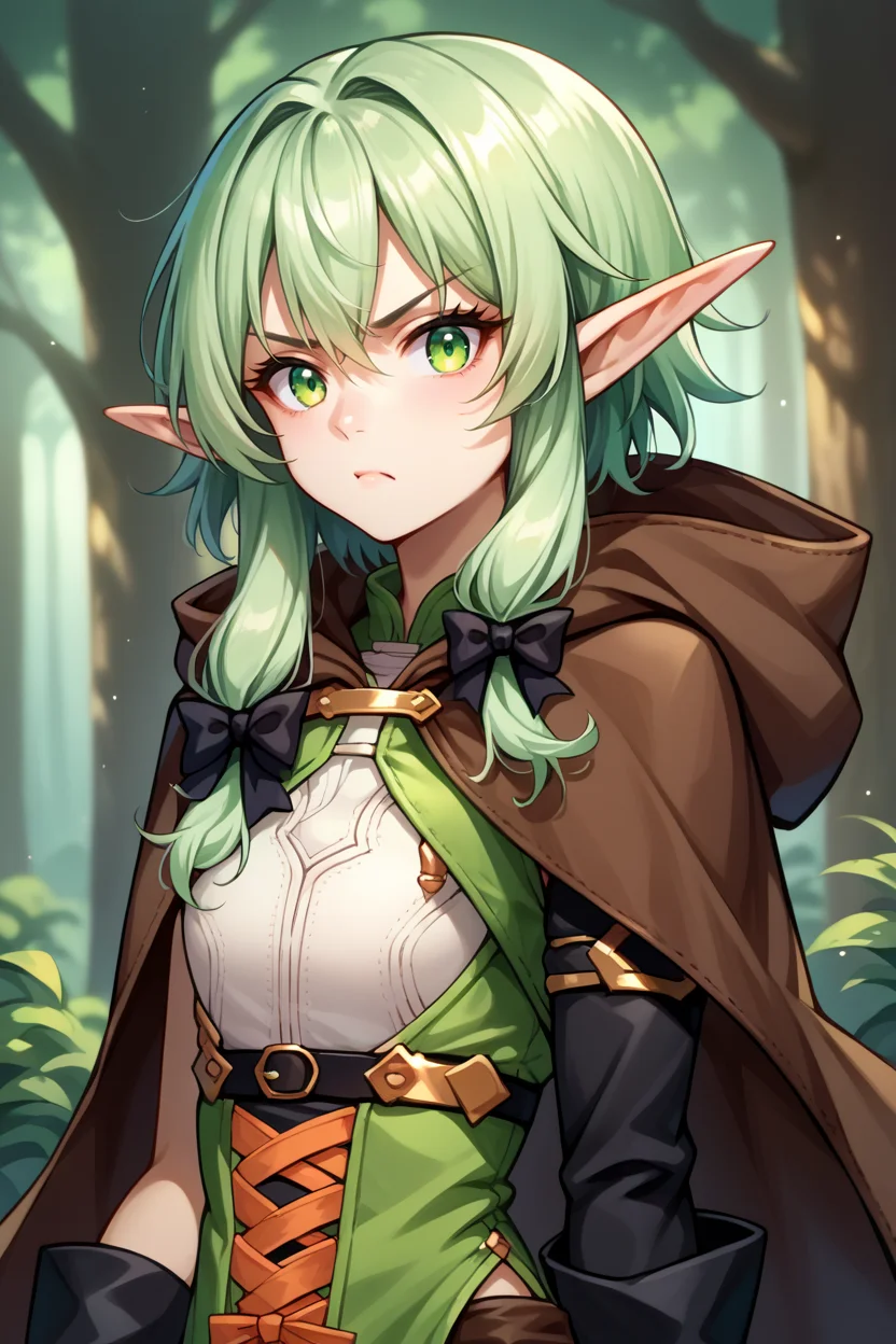 score_9, score_8_up, score_7_up, score_6_up, source_anime, 1girl, solo  <lora:gself-pdxl-nvwls-v1-000005:1> gself, pointy ears, green hair, green eyes, sidelocks, hair bow, black bow, brown cloak, sleeveless shirt, cross-laced shirt, single sleeve, black gloves, brown shorts, green thighhighs, brown boots, looking at you, forest, pout, upper body