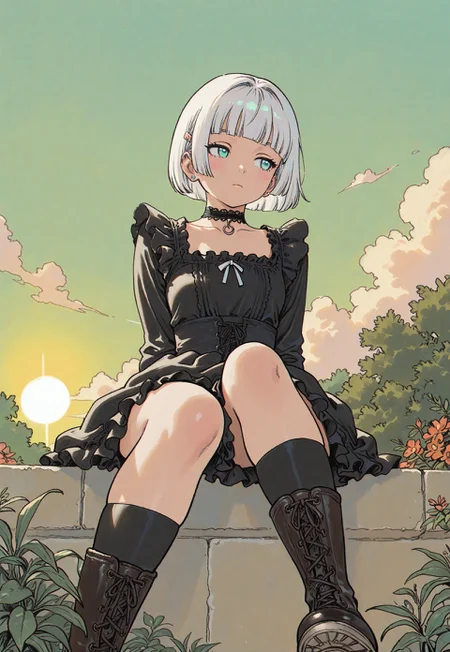 masterpiece, ultra-HD, cinematic lighting, photorealistic, impressionism, high detail,  dramatic lighting, best quality, very aesthetic, 8k,
simple pastel gradient green background, thick clouds, half close-up,
multicolored white hair, bobcut hair, blunt bangs,
blushing, asian girl, [[small head]], pretty girl, korean girl, choker, ear pierces,
emotionless, slim body, frat chest,
dynamic angle, dynamic pose, portrait, girl,
victorian black maid dress, frilled skirt, black socks,  in a garden, decorative victorian gossamer clothes, dazed, white short boots,
half closed eyes, looking away, sitting, thick legs,
sunset, pastel cyan eyes, Flatline, Flat vector illustration, haiz_ai, chromatic aberration, 
rakugakingu,
