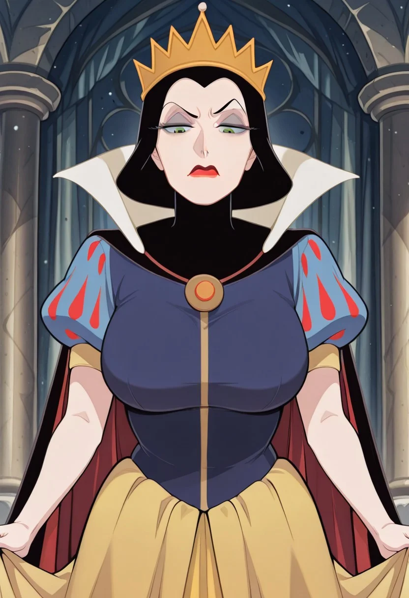 masterpiece, best quality, amazing quality,, eqg,green eyes, eyeshadow, red lips, mature female, large breasts, crown, black coif, anime screencap, <lora:snow-white-cosplay-illustriousxl-lora-nochekaiser:1>, snow white cosplay, snow white (disney) (cosplay), cosplay, dress, hair bow, puff and slash sleeves, puffy short sleeves, puffy sleeves, red bow, short sleeves, skirt, yellow skirt,, <lora:dynamic-pose-illustriousxl-lora-nochekaiser:1>, looking down, annoyed, one eyebrow raised, not amused,