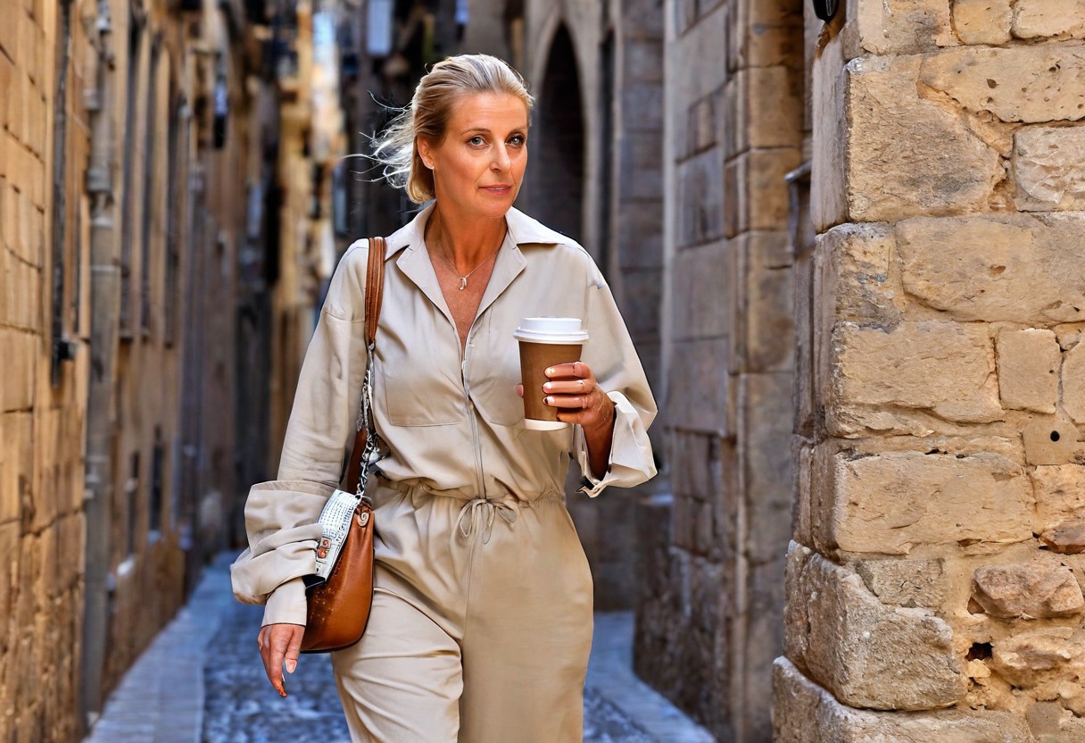 A hyper-detailed, high-resolution (8K) walking portrait of a 40-year-old woman (Like Catherine Deneuve) with sleek blonde hair tied back, walking through the Gothic Quarter of Barcelona with a takeaway coffee in hand. She wears a light beige jumpsuit with rolled-up sleeves, white slip-on shoes, and a crossbody leather satchel. A compact digital camera peeks out of the bag. Her natural beauty, including fine wrinkles and clear blue eyes, glows in the filtered Mediterranean light. Shot with Nikon D5300, 50mm lens, f/2.8, ISO 100. Background: blurred ancient stone arches and narrow cobbled streets. Photographic style: soft, clean, timeless — inspired by travel editorials.