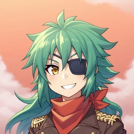 mana_sk style, portrait, focus on face, a fearless sky pirate girl with messy teal hair tied back in a bandana and sharp golden eyes, wearing a leather eyepatch and a coat adorned with intricate embroidery, a daring grin with wind sweeping her hair, faint outlines of airships in the cloudy background, Japanese RPG style, adventurous and rebellious atmosphere, intricate details on her bandana and coat
