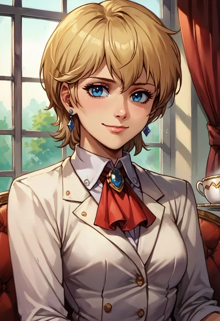 score_9, score_8_up, score_7_up, source_anime,
, (best quality) , (highly detailed) ,masterpiece ,absurdres ,detailed face ,beautiful face , (masterpiece, best quality, very aesthetic, ultra detailed), intricate details, 4k,
Hildegard,score_9,score_8_up,1girl,female,kawaii,solo,short ,feminine, hair,earrings,suit,white collared small breasts, shirt,ascot,brooch,upper_body,looking_at_viewer,smile,closed mouth,sitting,couch,table,window_,curtains,stretching your spine,cup,teacup,saucer,parody,
OverallDetail