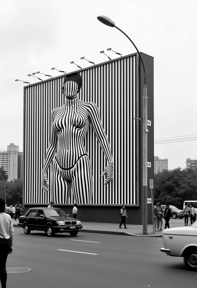 Capture a striking outdoor billboard with the secretely Hidden Text "buy Buzz" between the lines along a busy street in Peking in the 80s that features a mesmerizing optical illusion. The billboard is covered in perfectly aligned black and white lines, forming intricate patterns. Upon closer inspection, a subtle yet sexy buxom Womans Body emerges from the arrangement of lines, hypnotizing directly at the passersby. The illusion is crafted so precisely that from a distance, the billboard appears as mere stripes, but as viewers approach, the hidden woman becomes unmistakably clear. The billboard stands tall under an overcast sky, with city traffic and pedestrians moving in the background, adding to the surreal, almost eerie atmosphere.