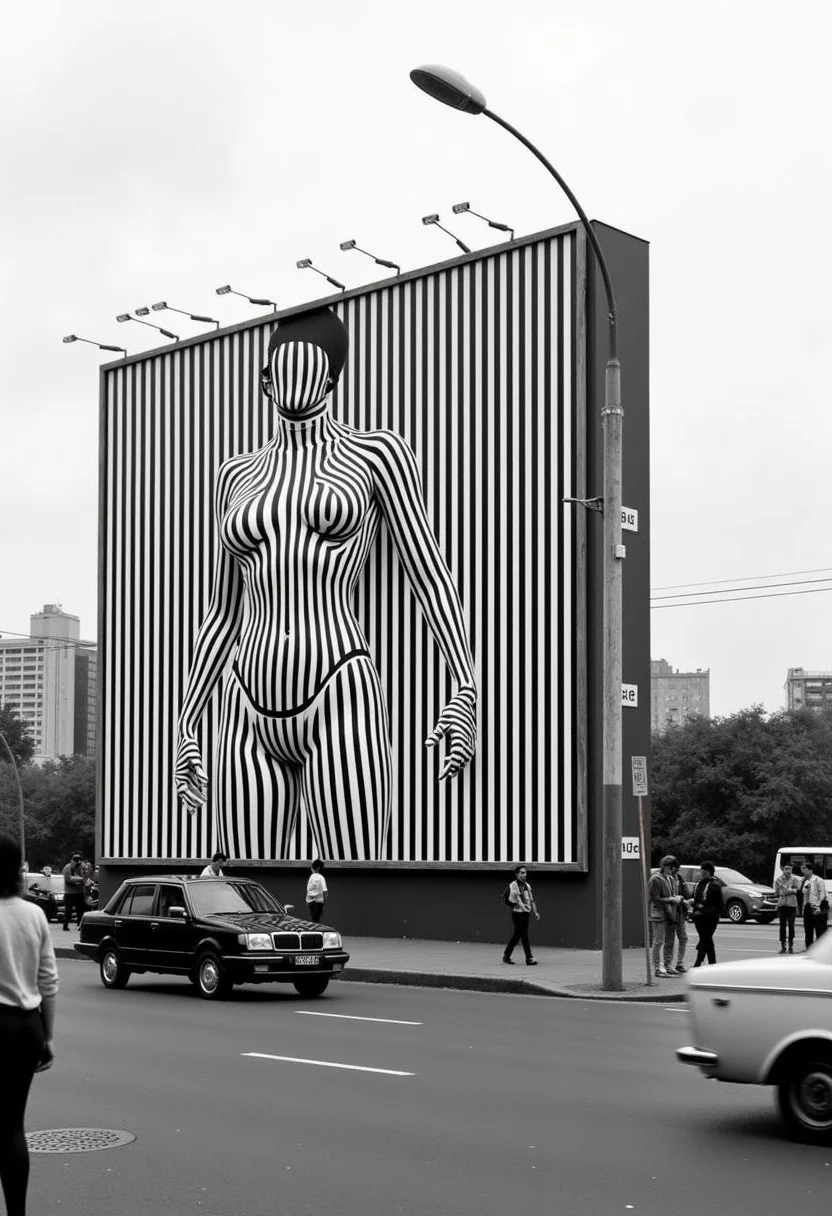 Capture a striking outdoor billboard with the secretely Hidden Text "buy Buzz" between the lines along a busy street in Peking in the 80s that features a mesmerizing optical illusion. The billboard is covered in perfectly aligned black and white lines, forming intricate patterns. Upon closer inspection, a subtle yet sexy buxom Womans Body emerges from the arrangement of lines, hypnotizing directly at the passersby. The illusion is crafted so precisely that from a distance, the billboard appears as mere stripes, but as viewers approach, the hidden woman becomes unmistakably clear. The billboard stands tall under an overcast sky, with city traffic and pedestrians moving in the background, adding to the surreal, almost eerie atmosphere.