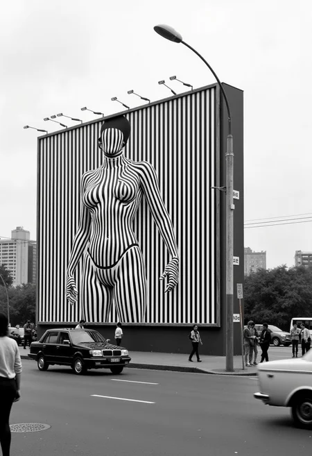 Capture a striking outdoor billboard with the secretely Hidden Text "buy Buzz" between the lines along a busy street in Peking in the 80s that features a mesmerizing optical illusion. The billboard is covered in perfectly aligned black and white lines, forming intricate patterns. Upon closer inspection, a subtle yet sexy buxom Womans Body emerges from the arrangement of lines, hypnotizing directly at the passersby. The illusion is crafted so precisely that from a distance, the billboard appears as mere stripes, but as viewers approach, the hidden woman becomes unmistakably clear. The billboard stands tall under an overcast sky, with city traffic and pedestrians moving in the background, adding to the surreal, almost eerie atmosphere.