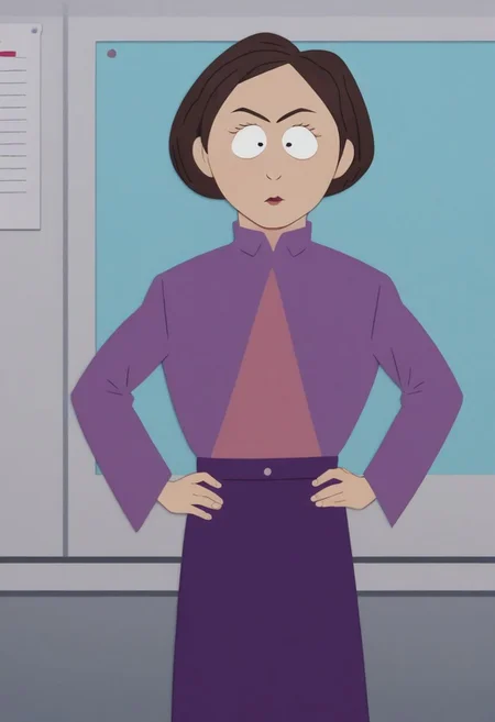 Score_9_up, score_8_up, score_7_up, 1girl, solo, msstevenssp, brown hair, purple dress, schoolbus, hands on hip, Expressiveh