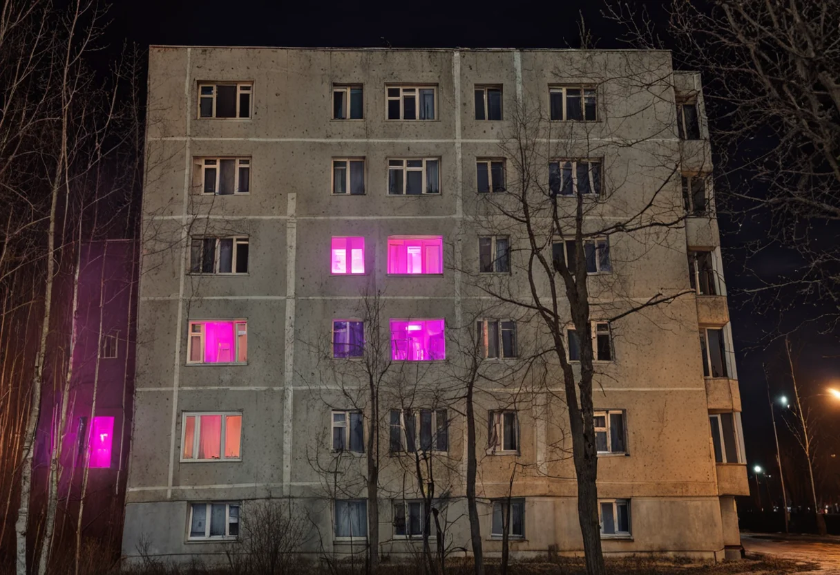 A night-time view of a monolithic, Soviet-style residential building with stark facades lit by harsh artificial light, creating a melancholic atmosphere. Bare trees in the foreground obscure the lower levels, enhancing the eerie mood. Several windows emit a warm glow, but two particular windows stand out with an ominous purple light, adding a touch of the uncanny against the otherwise drab exterior. The building's uniform pattern and the scarcity of visible life convey a sense of desolation typical of the Russian suburbs. The scene evokes feelings of isolation and bleakness. architecture, night, Russian suburbs, Soviet building, eerie, melancholic, isolation, bare trees, purple light, apartment building, desolation, film grain professional 35 mm photo, tumblr <lora:dark slav suburbs_v0.0.1-15:0.75>