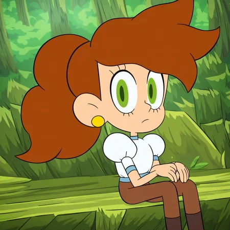 score_9, solo, melissa_cotc, brown hair, green eyes, ponytail, earrings, white shirt, puffy sleeves, brown pants, cute, looking at viewer, sitting, forest