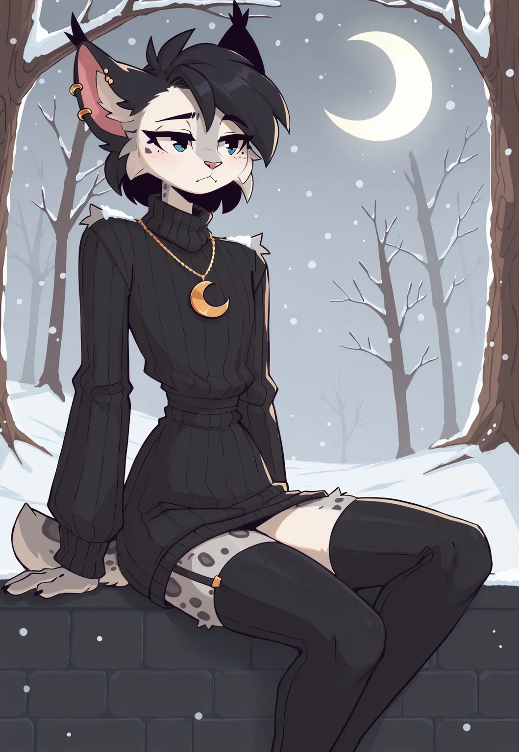 score_9, score_8_up, score_7_up, score_6_up, whygena, solo, slender, khajiit, snow leopard fur, gray face, femboy, pointed ears, lynx ears, black ears, fluffy eartips, long thick tail, short black hair, blue eyes, pink nose,
BREAK
black outfit, oversized turtleneck sweater, tied at waist, strapped thigh-highs, gold ear piercings, crescent moon pendant,
BREAK
sitting, tired, snowing,
