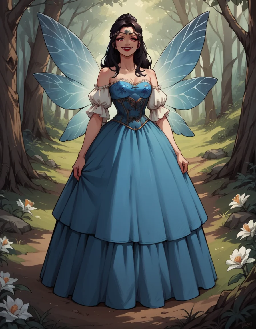 score_9, score_8_up, score_7_up, score_6_up, score_5_up, score_4_up, source_anime, 1girl, long black updo hair, full body, smile, makeup, red lipstick, hud_forest_fairy_dress, blue dress, puffy sleeves, blue floral corset, silver circlet, bare shoulders, wings, <lora:forestfairyxlp_epoch_8:0.6>,