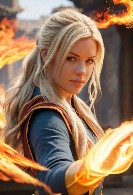alanah pearce, blonde hair, firebending, photorealistic <lora:Firebending-06:0.7> <lora:alanah_dh128_sdxxxl_v1-step00008000:0.8>, 4k, depth of field