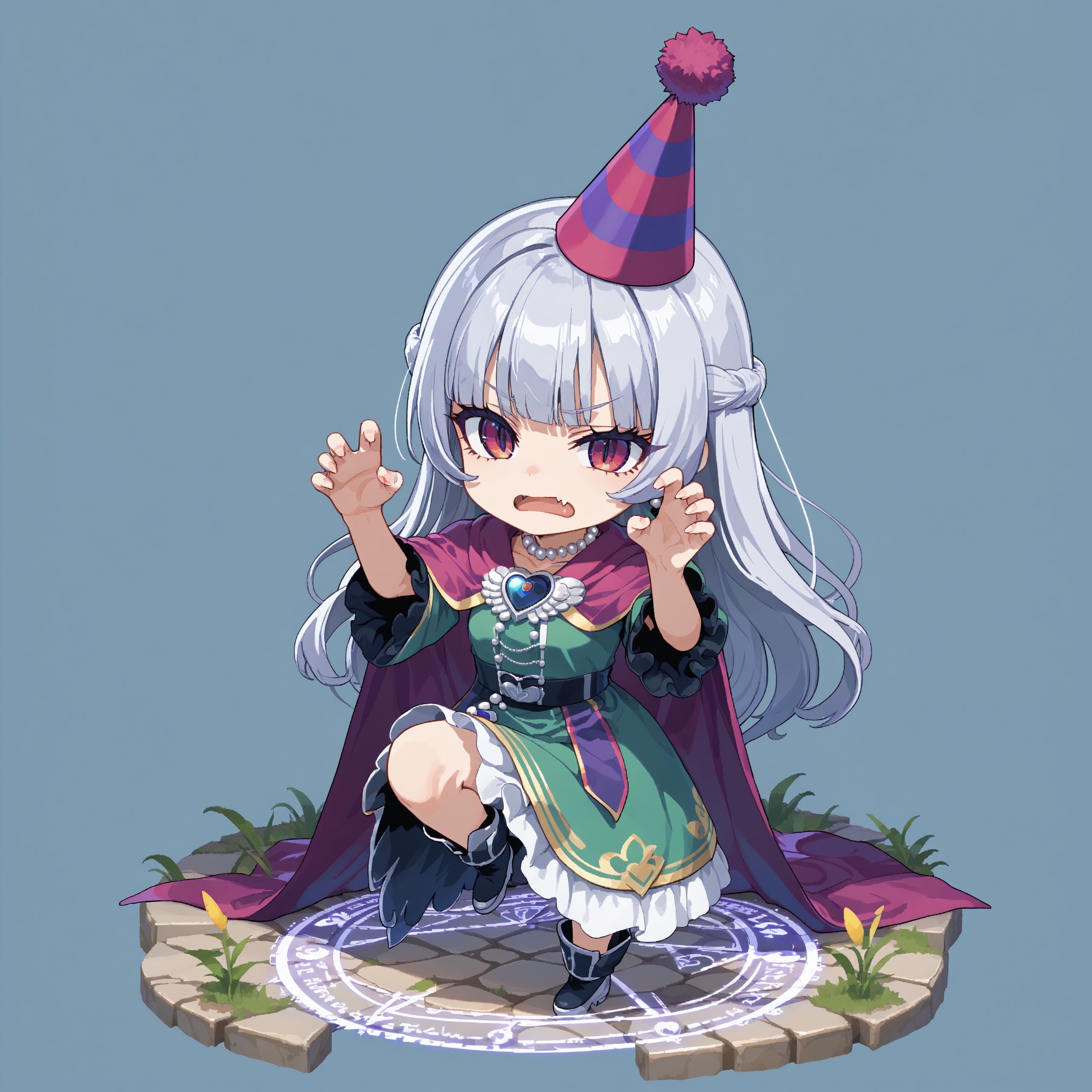 score_max, (score_9, score_8_up, score_7_up:1.0), score_6_up, official art, source anime,
, masterpiece, absurdres, high detail, 8k, pixel art,
simple background, magic circle on ground, stone floor, dragon_quest_iii, full body,
standing on one leg, hands up, claw pose, bored, frown, open mouth, fang,
solo, (chibi:1.2), luxu, silver hair, long hair, hat, party hat, purple cape, green robe, heart brooch, pearl necklace, 
<lora:XL_Pony_MGCM-luxuria-t1:0.9>