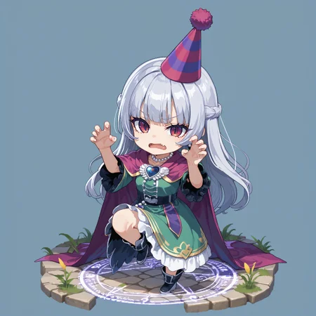 score_max, (score_9, score_8_up, score_7_up:1.0), score_6_up, official art, source anime,
, masterpiece, absurdres, high detail, 8k, pixel art,
simple background, magic circle on ground, stone floor, dragon_quest_iii, full body,
standing on one leg, hands up, claw pose, bored, frown, open mouth, fang,
solo, (chibi:1.2), luxu, silver hair, long hair, hat, party hat, purple cape, green robe, heart brooch, pearl necklace, 
<lora:XL_Pony_MGCM-luxuria-t1:0.9>