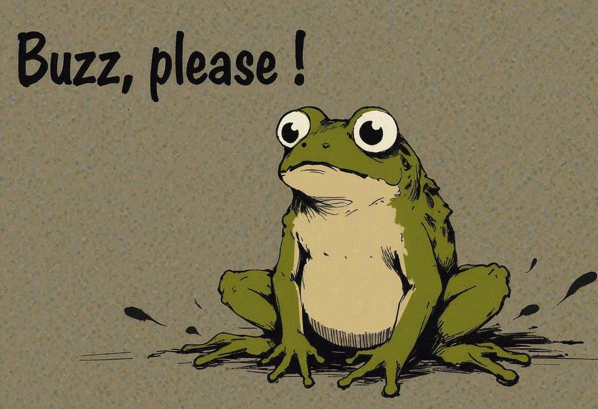 Special Ink-drawing mode, A cute frog with big sad begging eyes, big text below that says "Buzz, please" <lora:FLUX_anime_Special_Ink-drawing_mode_merge_24_medium_3_00001_:1>