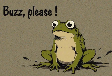 Special Ink-drawing mode, A cute frog with big sad begging eyes, big text below that says "Buzz, please" <lora:FLUX_anime_Special_Ink-drawing_mode_merge_24_medium_3_00001_:1>