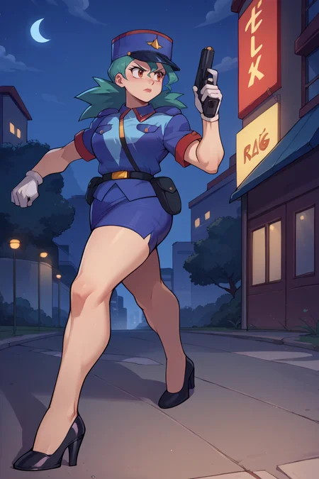 score_9, score_8_up, score_7_up, score_6_up, source_anime, BREAK 1girl <lora:pkmnjenny-pdxl-nvwls-v1-000005:1> pkmnJenny, green hair, blue hat, police uniform, blue shirt, short sleeves, belt, pencil skirt, white gloves, high heels, city, serious, holding pistol, gun, running, hand up, night, night sky, own hands together