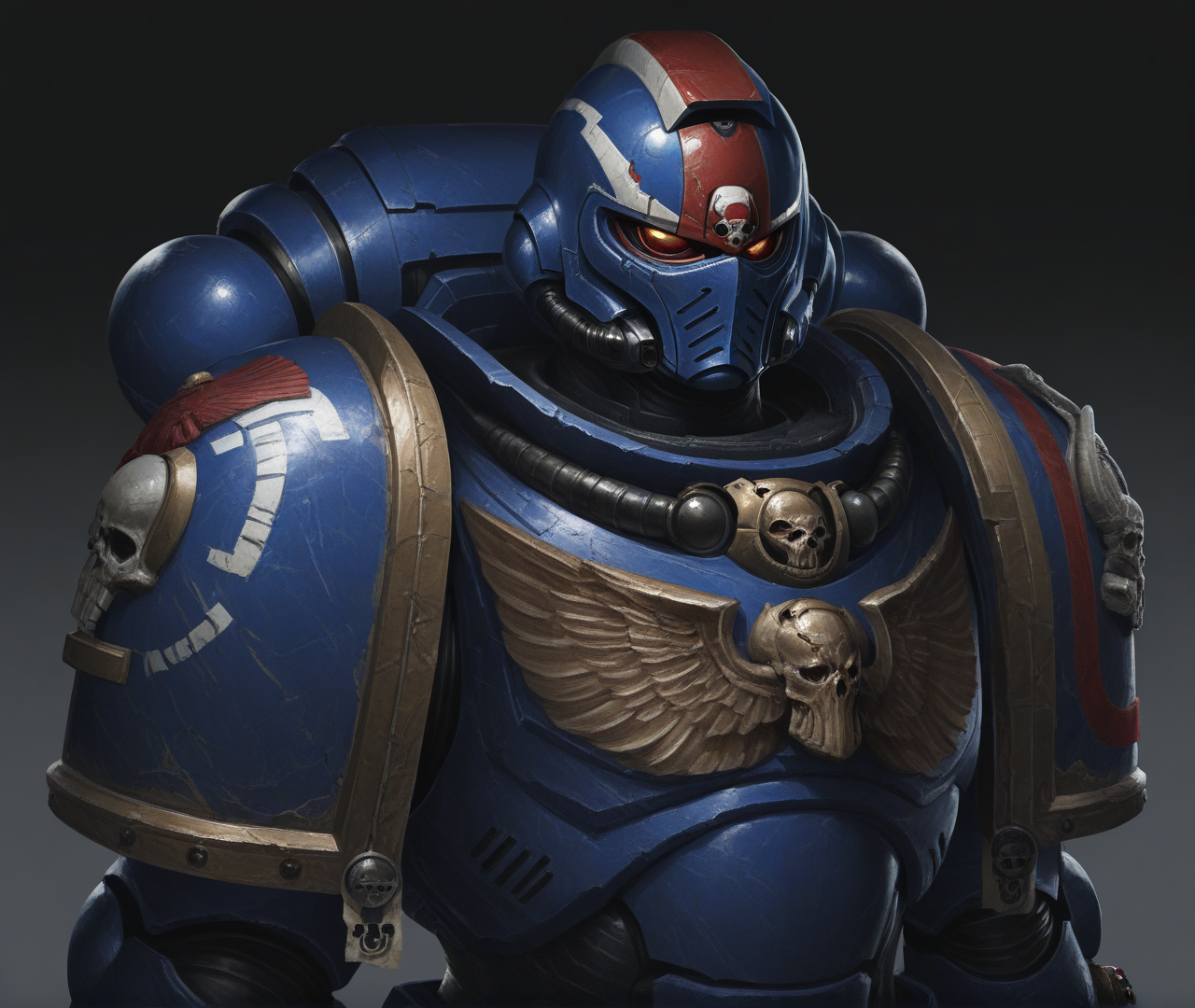 masterpiece, best quality, absurdres, very awa, realistic, solo, <lora:Stellaris:1> st portrait, <lora:ILLUltraM40k:1> ultram40k, ultramarines, detailed helmet, helmet, red stripe on helmet, upper body, purity seal, armor, blue armor, winged skull, power armor, shoulder armor, looking at viewer, simple background, gradient background,