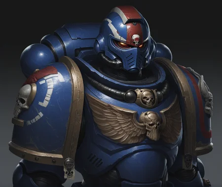 masterpiece, best quality, absurdres, very awa, realistic, solo, <lora:Stellaris:1> st portrait, <lora:ILLUltraM40k:1> ultram40k, ultramarines, detailed helmet, helmet, red stripe on helmet, upper body, purity seal, armor, blue armor, winged skull, power armor, shoulder armor, looking at viewer, simple background, gradient background,
