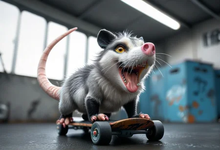 score_9, score_8_up, score_7_up, score_6_up, source_furry, source_3d,
BREAK opossum, small, grey fur, white fur, pink nose, black ears, whiskers, black markings, pink paws, black tail, yellow eyes, open mouth, teeth, tongue, black lips, pink backwards hat, black sunglasses, pink bow tie, possum,
BREAK opossum is preforming a hand stand, opossum is on a skateboard, opossum is riding the skateboard, opossum is riding the skateboard down a railing, skateboard grinding on railing, 3d,detailed, realistic, full shot, dynamic pose, worms eye view, from bellow, opossum focus,
BREAK subway, station, staircase, railing, railing down centre of staircase, white tile walls, blue tile staircase, ceiling pipes, florescent lights, skatebingbing