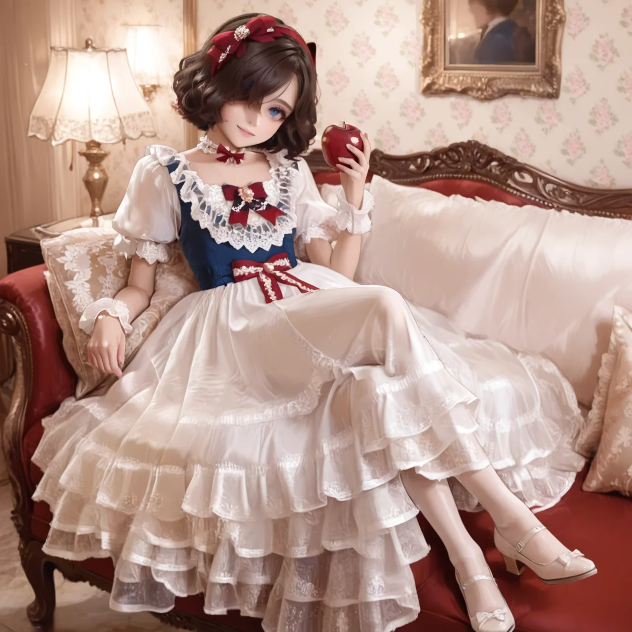 Positive: Masterpiece, best quality, amazing quality, very aesthetic, high resolution, ultra-detailed, absurdres,
1girl, solo,
Mirakin,
brown hair,short hair,blue eyes,
hair over one eye,
blue top white skirt red accented lace bow dress,
blue vest,white dress,red bow,puffy short sleeves,frilled dress,lace trim,apron,wrist cuffs,choker,lace,frills,
hair bow,
white pumps with bow,white_pantyhose,
full_body,lying,holding an apple,crossed_legs,
French vintage, ornate furniture, gilded mirrors, floral wallpaper, velvet drapes, warm lighting, porcelain accents, vintage chandeliers, rococo details, romantic ambiance,
