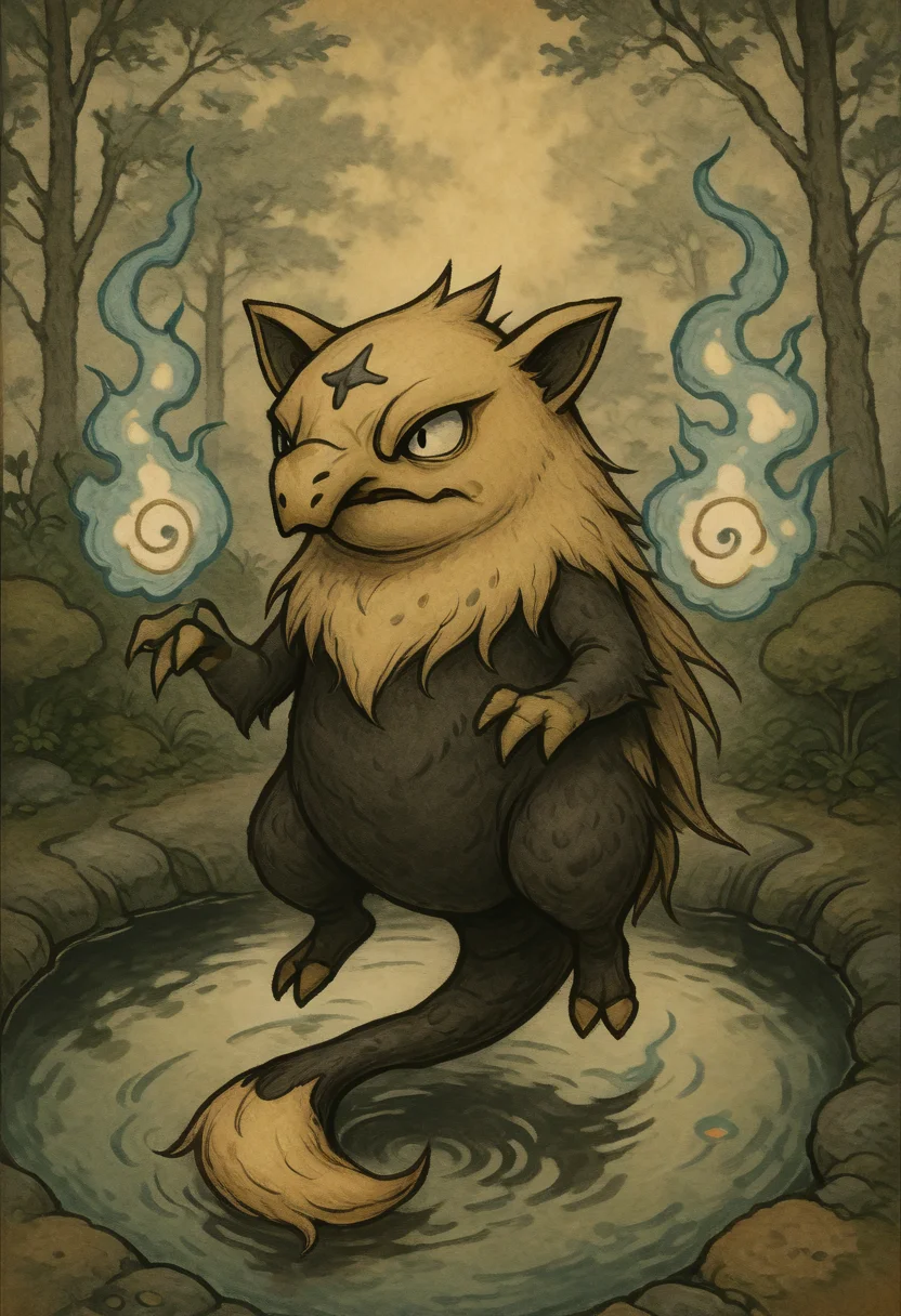 masterpiece, best quality, y0k4i, <lora:YokaiPokedex_IXL:1.3>, <lora:DrowzeePokedexIXL:1.0>, drowsee (pokemon), no humans, solo, meditating near a pond, serene expression, glowing psychic waves, soft moonlight, peaceful and calming atmosphere, vibrant and detailed scene
