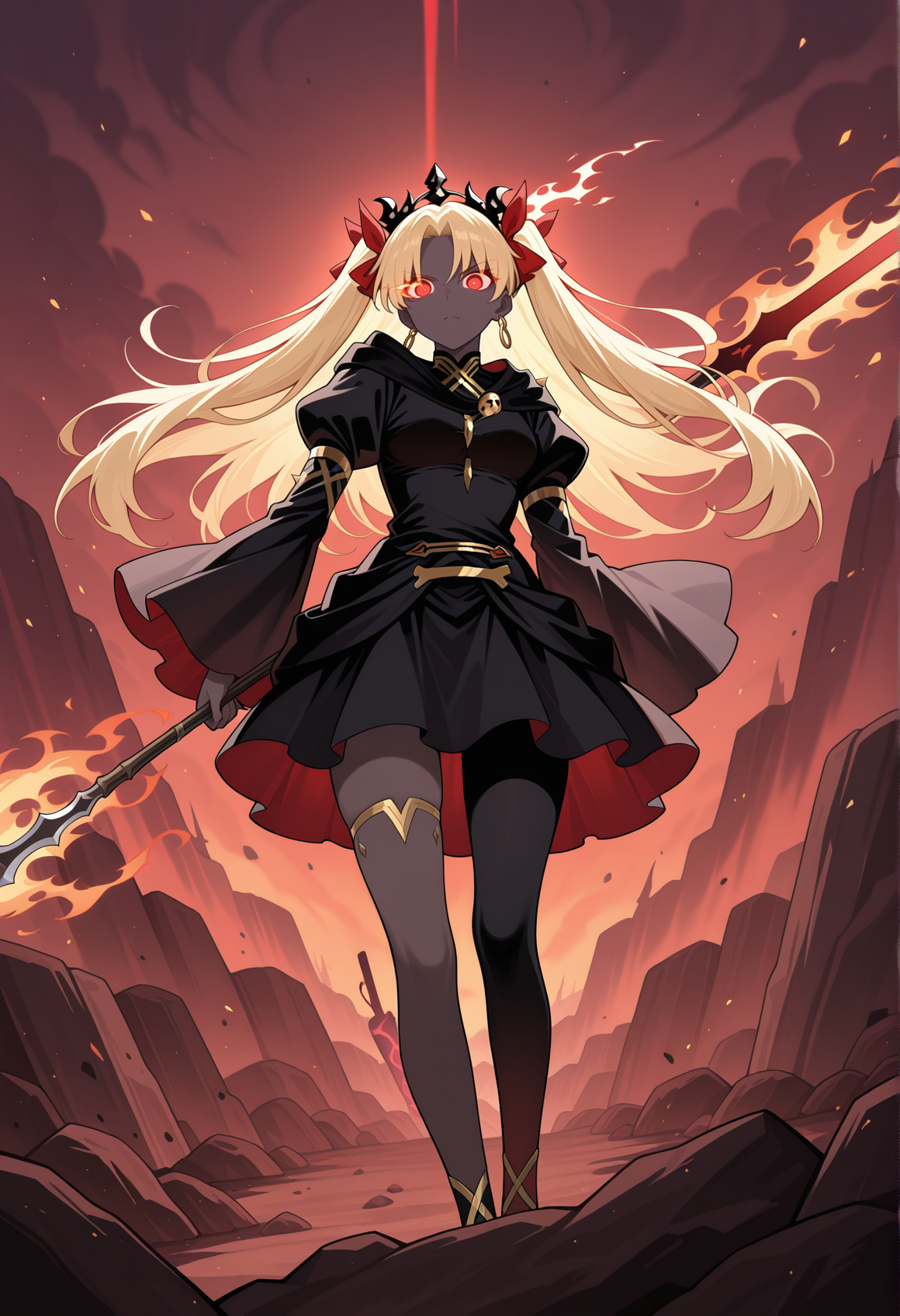 1girl, dark skin, colored skin, glowing eyes, flaming eyes,  long hair, blonde hair, twintails, red eyes, hair ribbon, red ribbon, tiara, hoop earrings, jewelry, black blouse, single thighhigh, black skirt, long sleeves, wide sleeves, holding spear, serious, flaming spear, outdoors, hell, rock, spikes   <lora:Ereshkigal_illus:1>, masterpiece, best quality, amazing quality, very aesthetic, absurdres, highres, newest