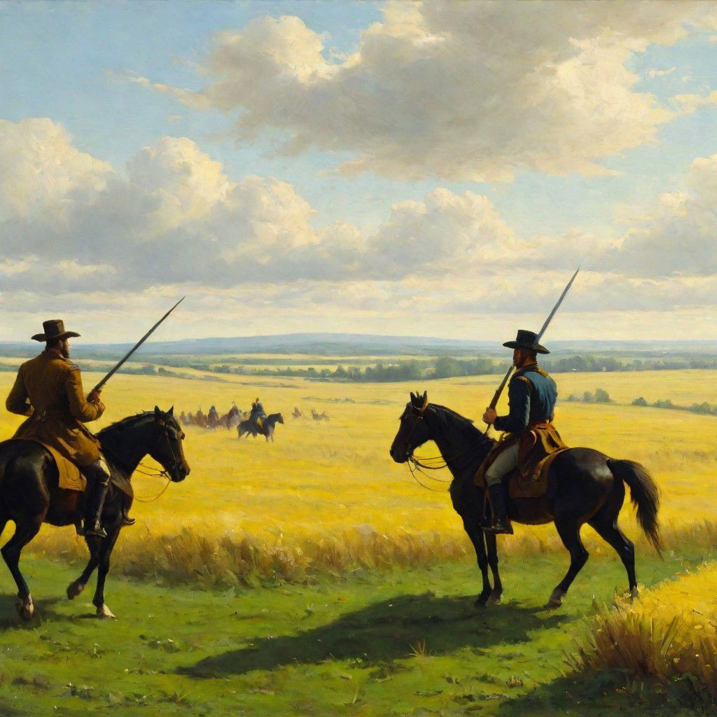 Oil painting, day, green-yellow field of wild grass, side view, 2 persons. In the distance in the center are two men on brown horses. The men are dressed in yoloms and coats with sabers on their sides. The second man has a musket hanging from his back. Further in the field there is a mound, and the blue sky is covered in clouds.