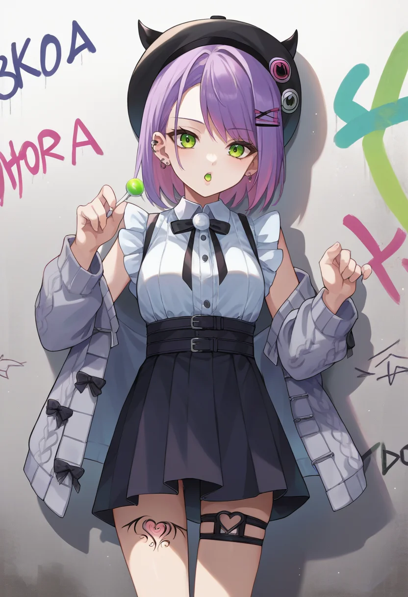 score_9, score_6_up, source_anime, 1girl, solo, towa_casual, jirai kei, frilled shirt, high-waist skirt, grey cardigan, beret, fake horns, thigh strap, thigh tattoo, ear piercing, white socks, green lollipop, leaning on wall, graffiti <lora:towaXL:1>
