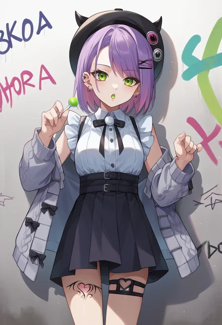 score_9, score_6_up, source_anime, 1girl, solo, towa_casual, jirai kei, frilled shirt, high-waist skirt, grey cardigan, beret, fake horns, thigh strap, thigh tattoo, ear piercing, white socks, green lollipop, leaning on wall, graffiti <lora:towaXL:1>