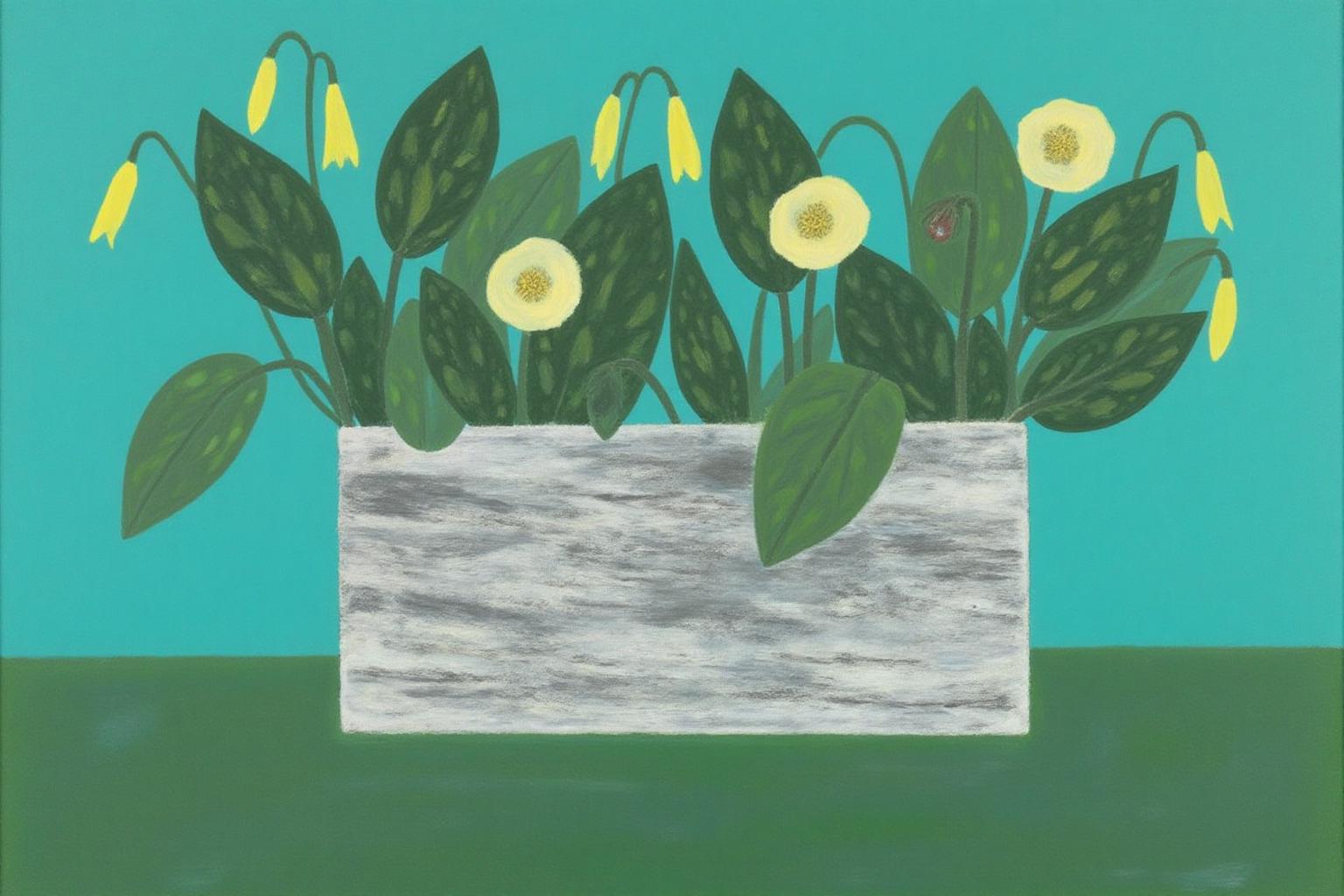 dorislee1 painting.
A still life featuring a simple rectangular wooden planter with visible grain
and texture, placed against a solid teal background. The planter is filled with
green leaves and Christmas rose flowers or Helleborus foetidus.
 <lora:dorislee1_cap_d6a3:1.0><lora:834816251055475634:0>