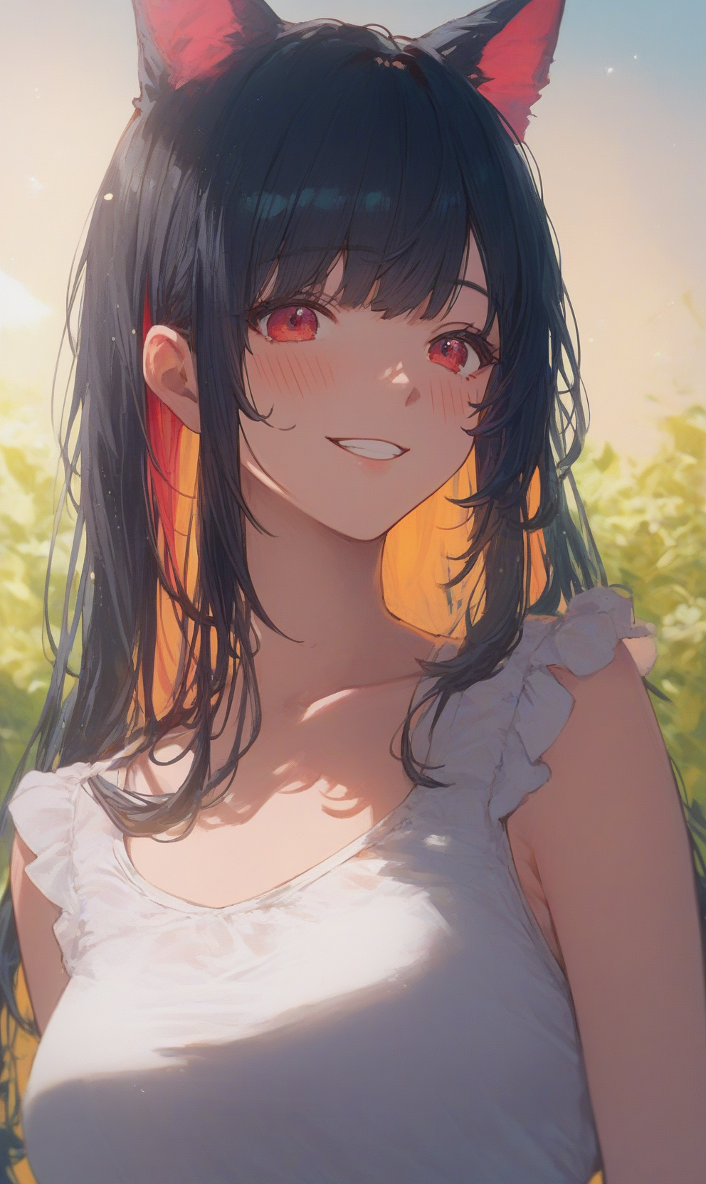 Score_9, portrait, 1girl, solo, black hair, animal ears, smile, red eyes, bangs, multicolored hair, blush, colored inner hair, kawaii, anon_style, cute, depth of field, outdoors, sunlight, shadows, cinematic scene, 