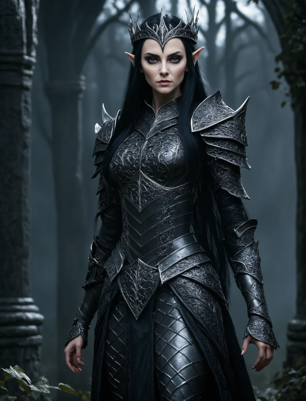 A dark elven queen in intricate armor, gothic medieval design, realistic textures, ultra-high definition, photorealistic, highly detailed, dramatic lighting, sharp focus, cinematic, hyperrealism, dark and mysterious atmosphere