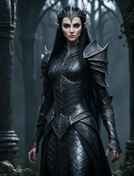 A dark elven queen in intricate armor, gothic medieval design, realistic textures, ultra-high definition, photorealistic, highly detailed, dramatic lighting, sharp focus, cinematic, hyperrealism, dark and mysterious atmosphere