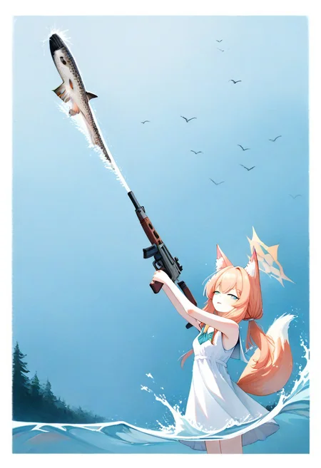 score_9, score_8_up, score_7_up, upper body
easynegative, ncpy45 style watercolor, fox ears,fox tail,Mari_(Blue_Archive), ,holding outdoor fishing clothes,shotgun,giant splashes on the water,dead salmon,flesh
