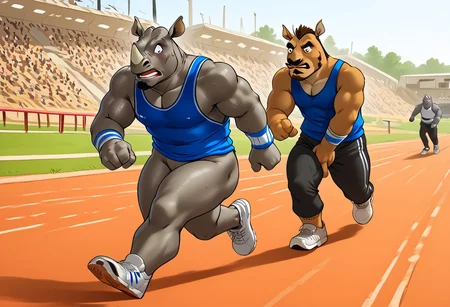 Furryrevolution, 2male, rhino, bara, running track, tank top, sweatbands, bottomless, big thighs, trainers, goatee, mustache, covering crotch, embarrassed expression