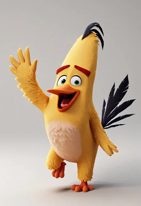 Expressiveh, chuck_bird, angry birds, score_9, score_8_up, score_7_up, score_6_up, score_5_up, score_4_up, source_furry, hi res, sfw. 3D artwork, 3D render, 3D artwork, Sony Pictures Animation style, solo.
yellow plumage, triangular body, triangular head, black head tuft, black tail, tail feathers, long beak, white belly, thin build, feathered hands, winged arms, red eyebrows, green eyes, thin eyebrows, avian feet, banana-like body.
White background, standing on one leg, waving to the viewer, waving, smile, open mouth, standing, full body, looking at viewer,