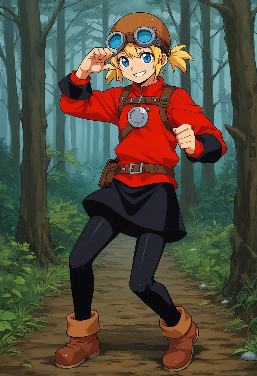 score_9, score_7_up, source_anime, BREAK solo, <lora:Pratty_XL:1> Pratty, blue eyes, short hair, light blonde, short twintails, hair through headwear, goggles, brown headwear, red shirt, short over long sleeves, black long sleeves, red skirt, black pantyhose, leather breastplate, brown footwear, smile, cold forest, taiga, snow,, river, mill