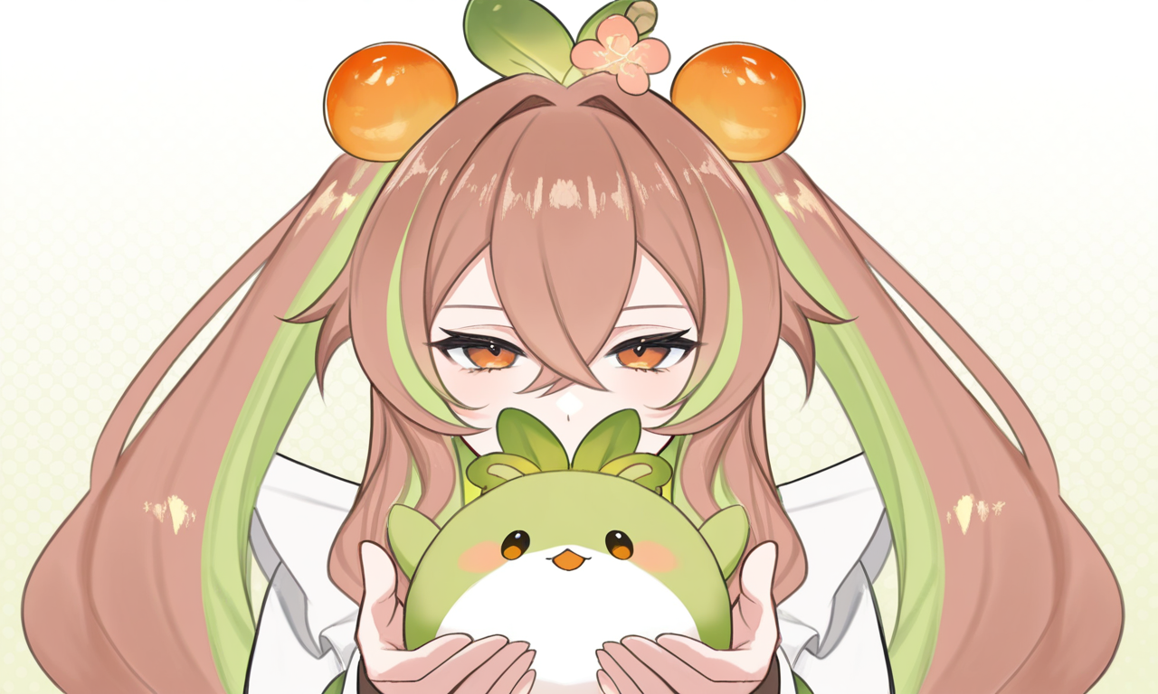 masterpiece,best quality,absurdres,very aesthetic,very awa,highres,newest,year 2024,year 2023,<lora:add-detail-xl:0.9>,<lora:illustrious_best_quality_v1:0.8>,<lora:Periru_Vtuber:1>,PeriruILXL,virtual youtuber,multicolored hair,brown hair,green hair,hair ornament,food-themed hair ornament,brown eyes,hair between eyes,dynamic background,detailed,dynamic_angle,best eyes,best hands,very long hair,
