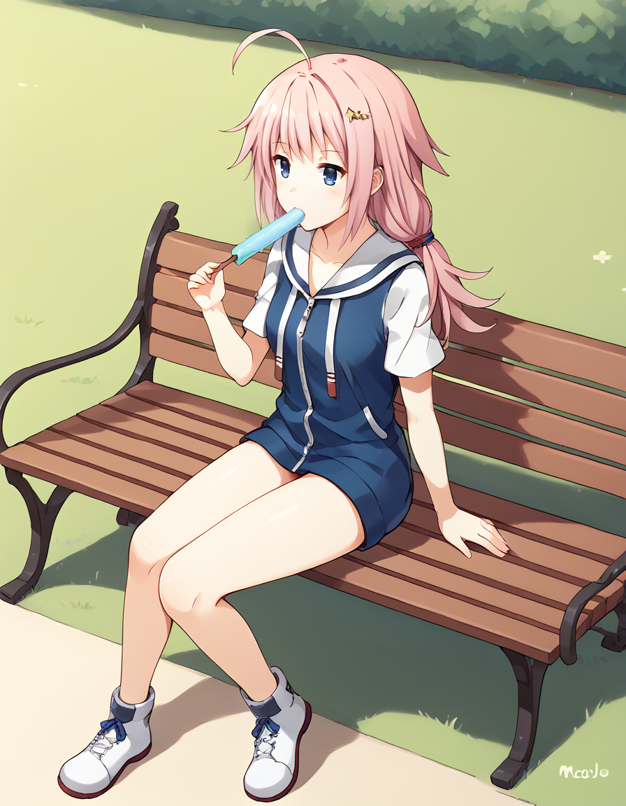 <lora:Azlamcall_SDXL_pony_fp16_ver01d:1>,Azlamcall, 1girl,solo,pink hair,blue eyes, full-length zipper,star hair ornament,shoes,sitting on park bench,holding popsicle,, score_9, score_8_up, score_7_up, BREAK source_anime, rating_questionable, best quality, masterpiece, uncensored,<lora:pony_good_hands:1>,good_hands ,[pony diffusion V6 is trained by PurpleSmartAI:100]