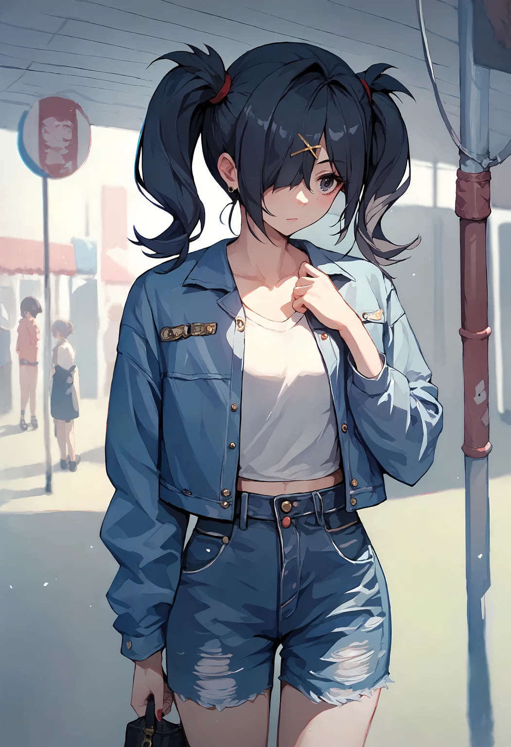 (score_9, score_8_up, score_7_up), 1girl, amechan, hair over one eye, Vintage-inspired denim jackets, <lora:NGO-PO-v1A-000008:0.9>