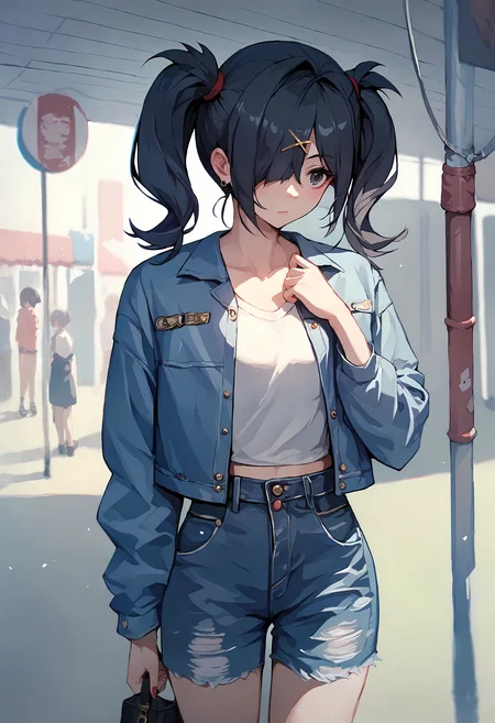 (score_9, score_8_up, score_7_up), 1girl, amechan, hair over one eye, Vintage-inspired denim jackets, <lora:NGO-PO-v1A-000008:0.9>