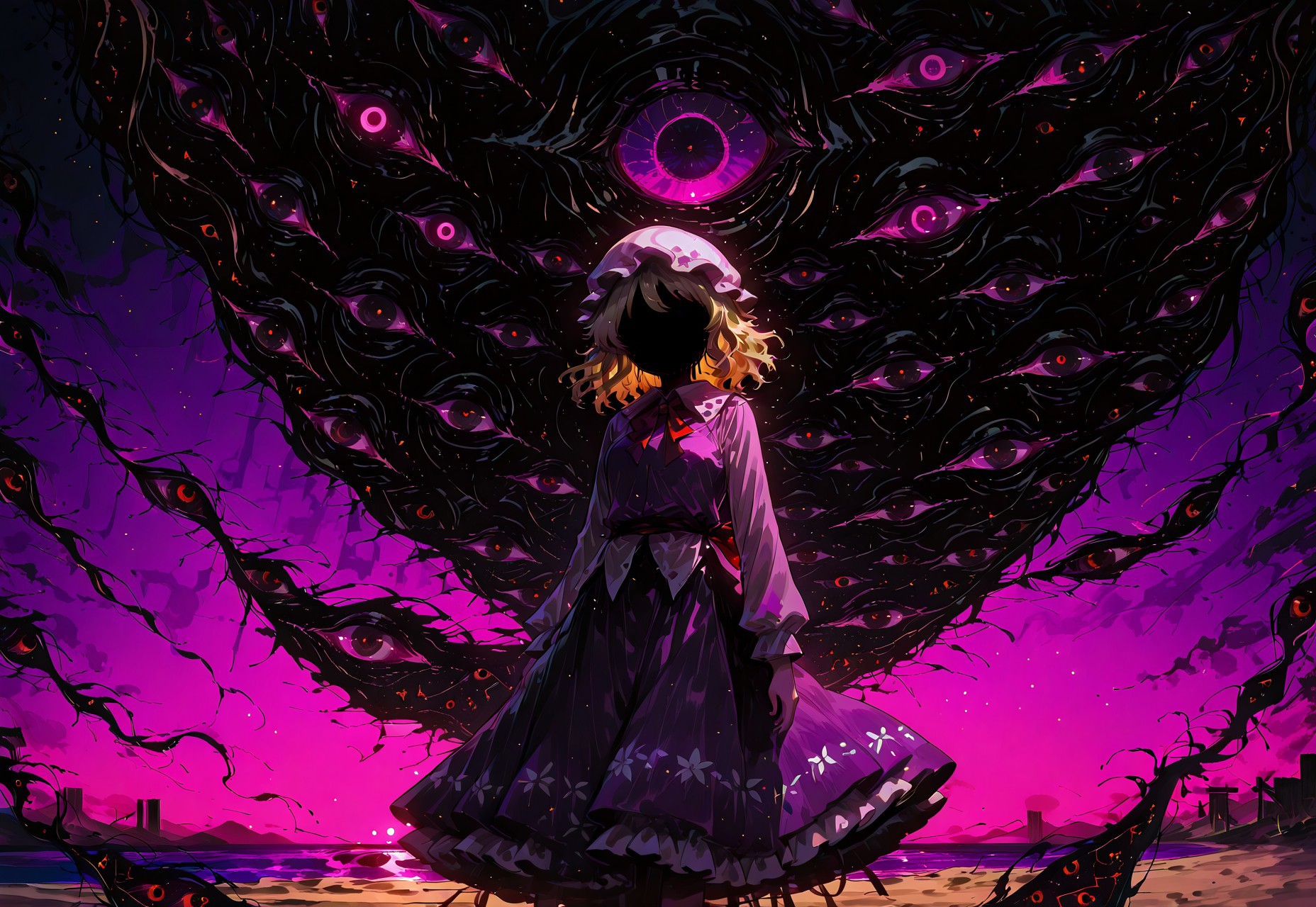 masterpiece, best quality, amazing quality, very aesthetic, absurdres, newest, highres, 4k,8k,Ultra HD, extremely detailed, ultra detailed face, detailed eyes,
1girl, maribel hearn, blonde hair, medium hair, white mob cap, red bowtie, purple dress, long sleeves, frilled skirt, black fluid face, glowing purple eye,
beach, sand,, high bridge in background, night, moon,
(gap(touhou):1.5), too much gap, gap all over the image, gap all over the background,
raytracing, ambient occlusion, light particles, gradient color,
front view,
(wide shot:1.2), long shot, perfect composition
3Y3S_illu, toon \(style\), extra eyes, glowing, LeIsT0_illu